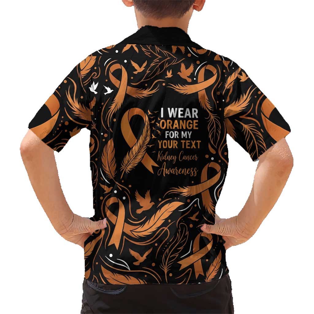 Personalized I Wear Orange Kidney Cancer Awareness Hawaiian Shirt Feathered Ribbon Silhouette Illustration