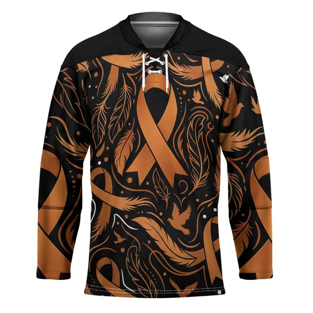 Personalized I Wear Orange Kidney Cancer Awareness Hockey Jersey Feathered Ribbon Silhouette Illustration