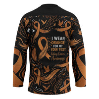 Personalized I Wear Orange Kidney Cancer Awareness Hockey Jersey Feathered Ribbon Silhouette Illustration