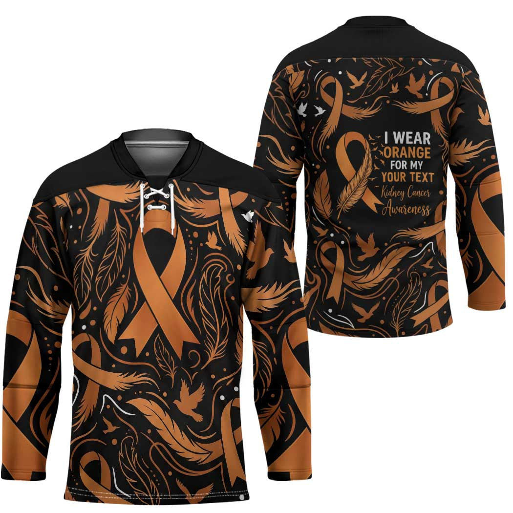 Personalized I Wear Orange Kidney Cancer Awareness Hockey Jersey Feathered Ribbon Silhouette Illustration
