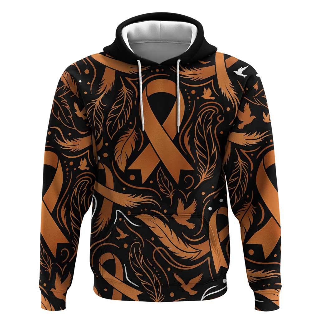 Personalized I Wear Orange Kidney Cancer Awareness Hoodie Feathered Ribbon Silhouette Illustration