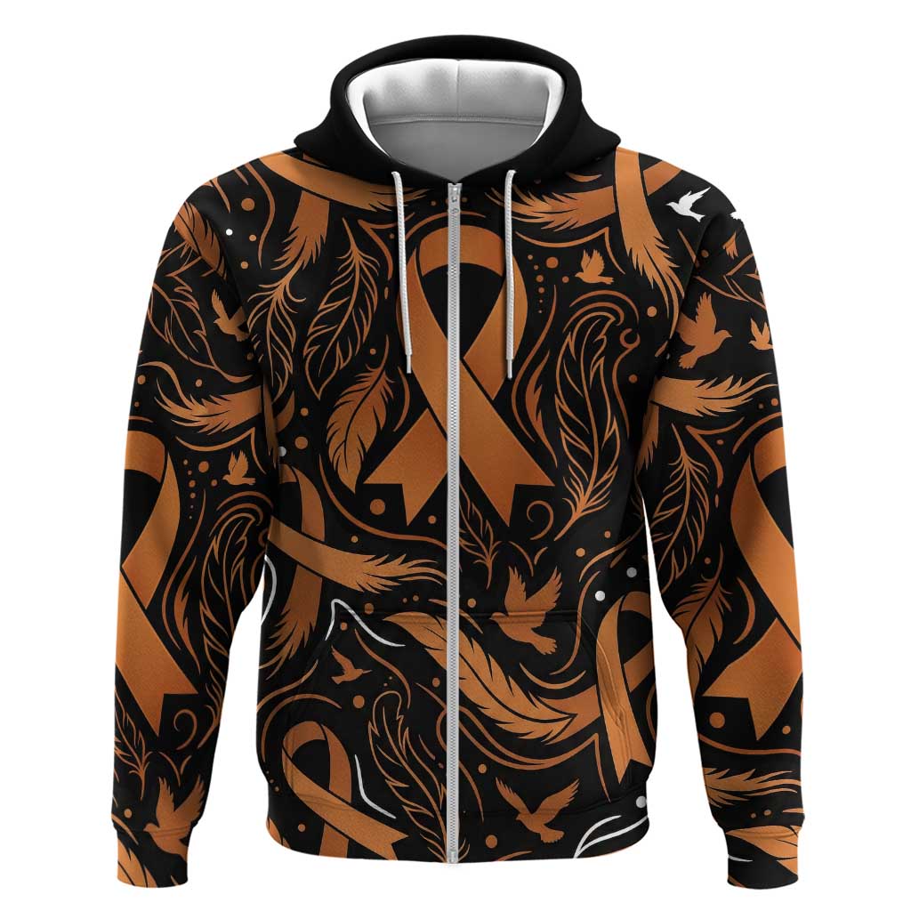 Personalized I Wear Orange Kidney Cancer Awareness Hoodie Feathered Ribbon Silhouette Illustration