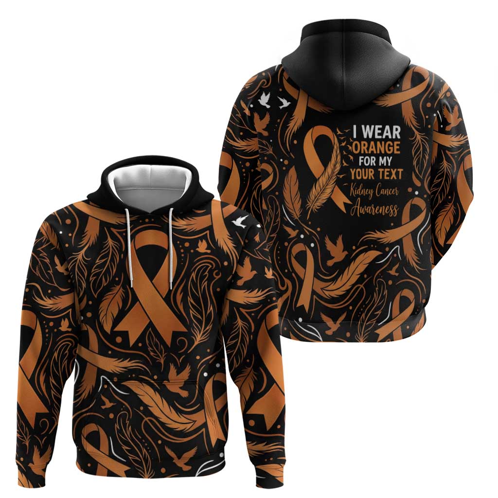 Personalized I Wear Orange Kidney Cancer Awareness Hoodie Feathered Ribbon Silhouette Illustration