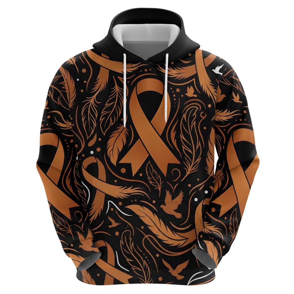 Personalized I Wear Orange Kidney Cancer Awareness Hoodie Feathered Ribbon Silhouette Illustration