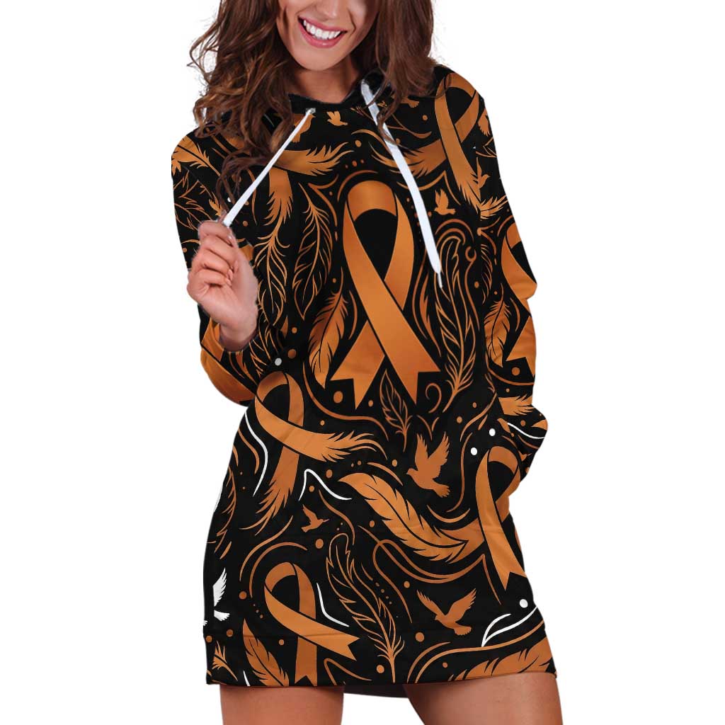 Personalized I Wear Orange Kidney Cancer Awareness Hoodie Dress Feathered Ribbon Silhouette Illustration