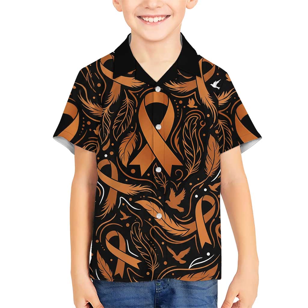 Personalized I Wear Orange Kidney Cancer Awareness Kid Hawaiian Shirt Feathered Ribbon Silhouette Illustration