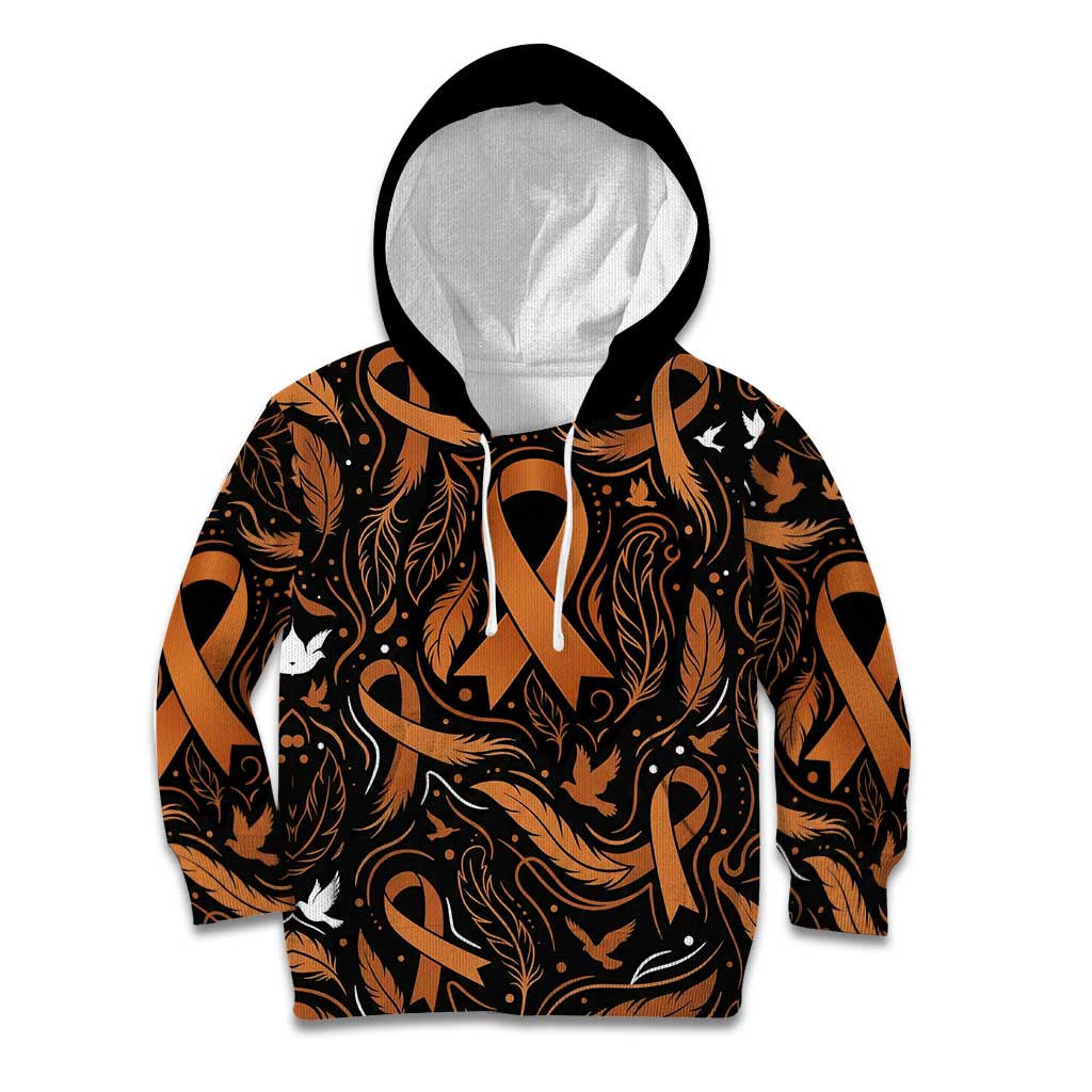 Personalized I Wear Orange Kidney Cancer Awareness Kid Hoodie Feathered Ribbon Silhouette Illustration