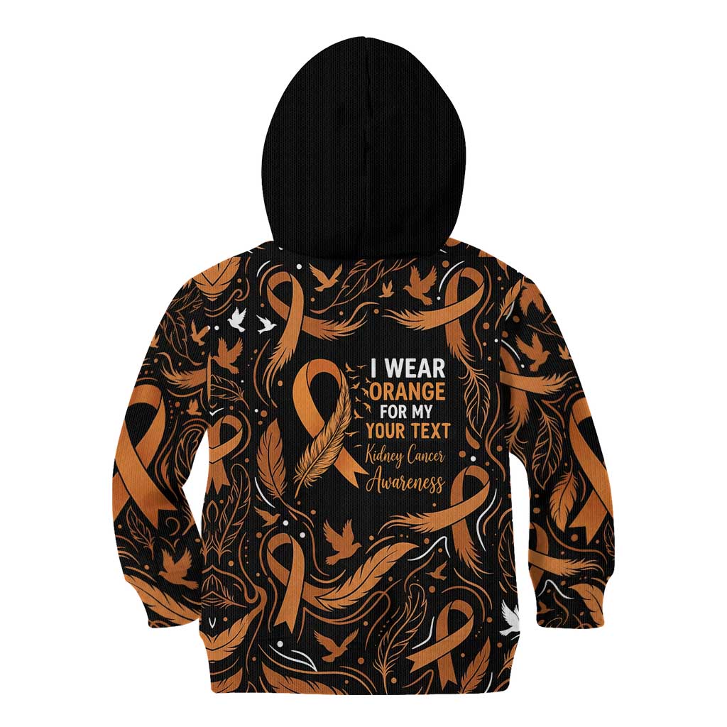 Personalized I Wear Orange Kidney Cancer Awareness Kid Hoodie Feathered Ribbon Silhouette Illustration