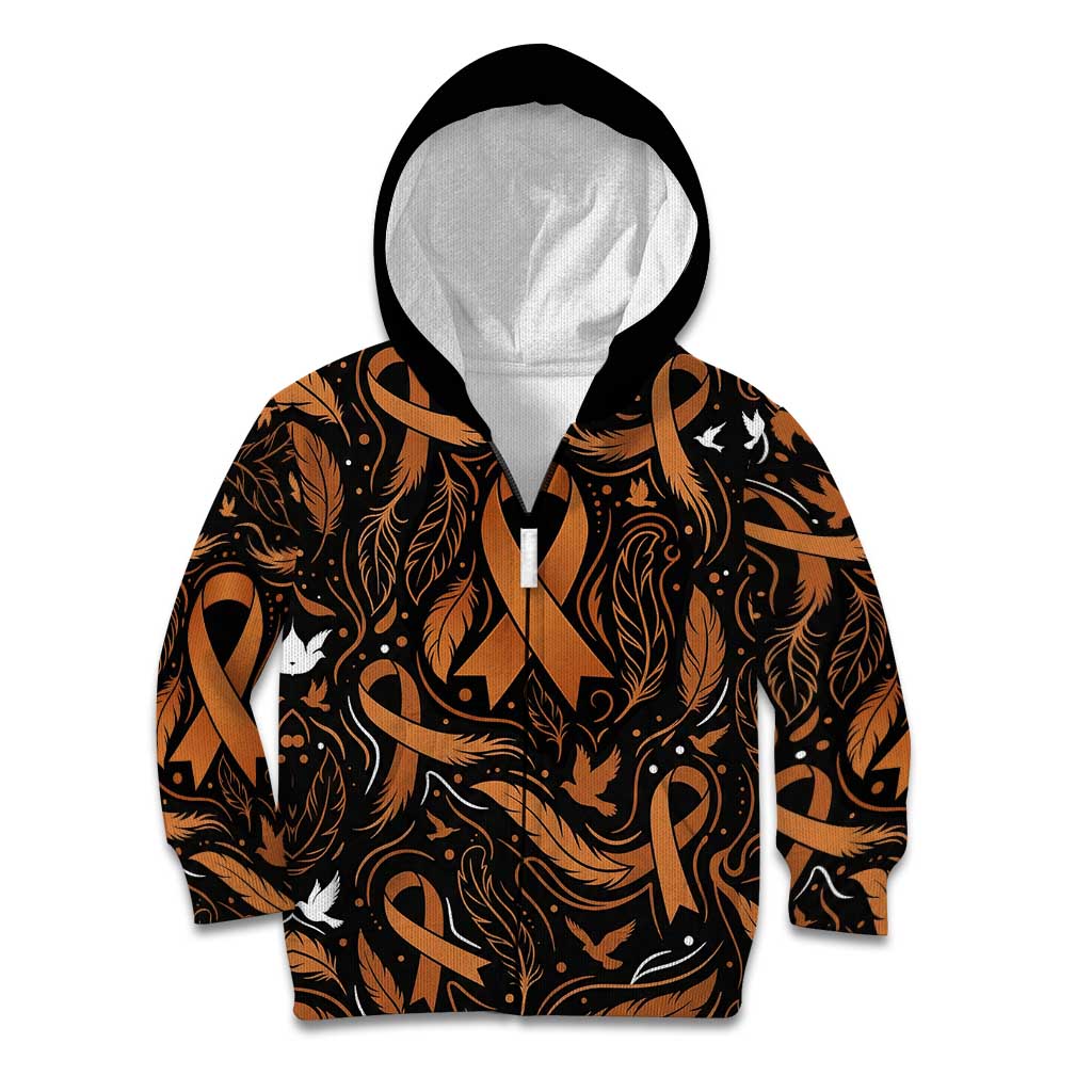 Personalized I Wear Orange Kidney Cancer Awareness Kid Hoodie Feathered Ribbon Silhouette Illustration