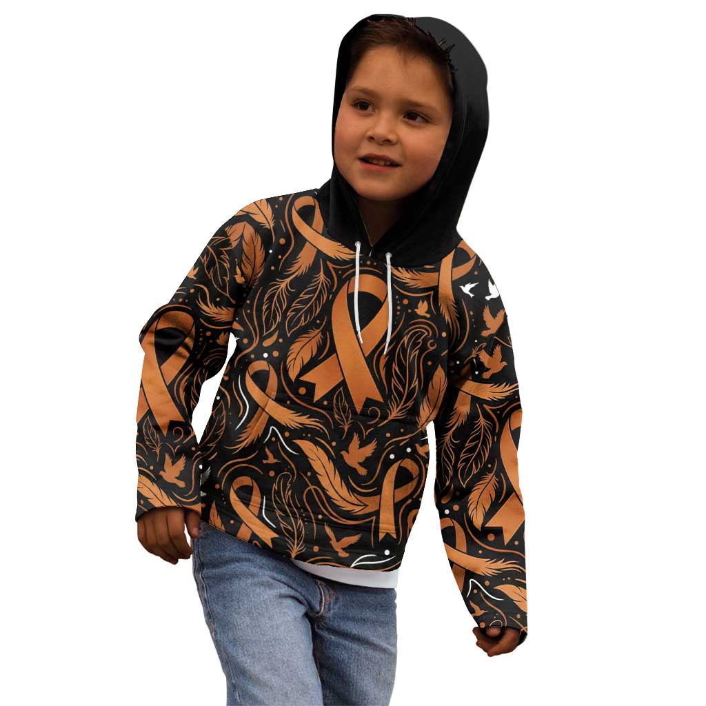Personalized I Wear Orange Kidney Cancer Awareness Kid Hoodie Feathered Ribbon Silhouette Illustration