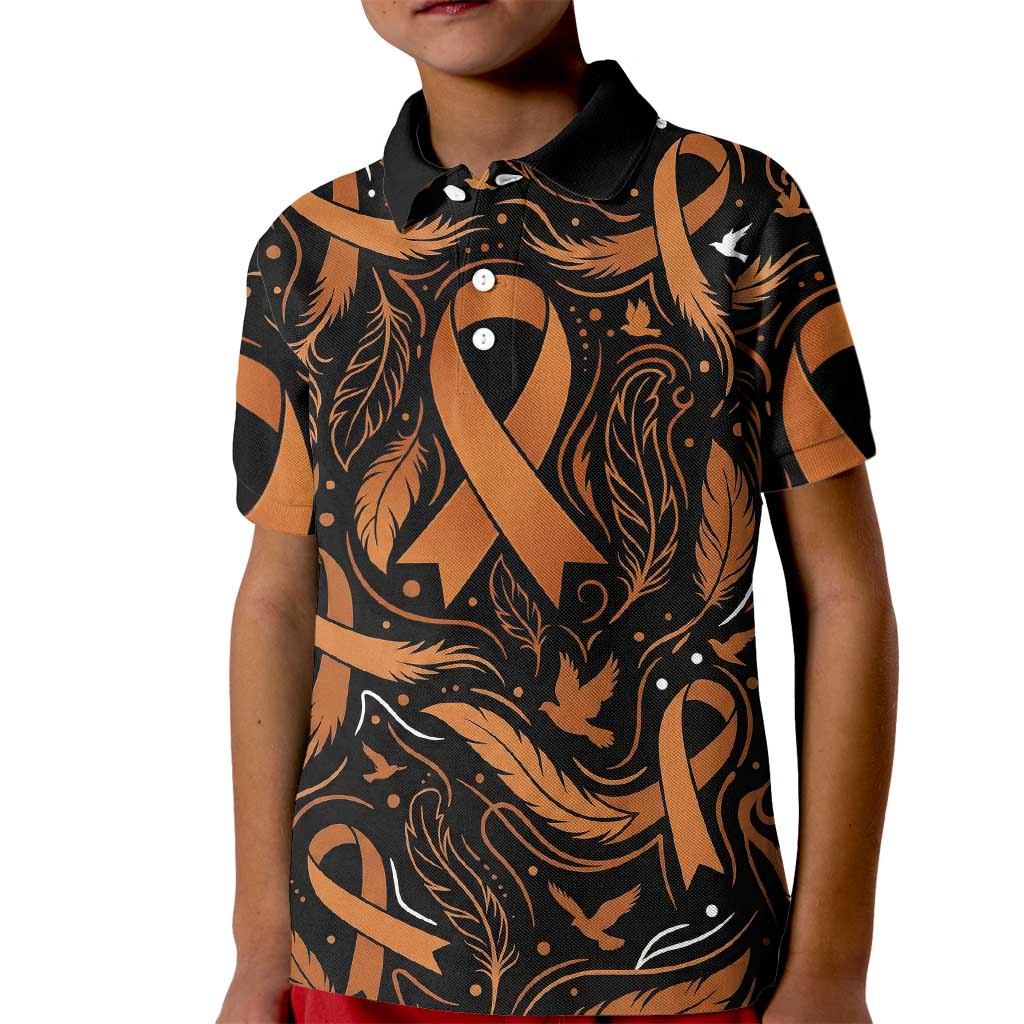 Personalized I Wear Orange Kidney Cancer Awareness Kid Polo Shirt Feathered Ribbon Silhouette Illustration