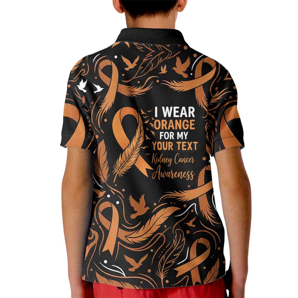 Personalized I Wear Orange Kidney Cancer Awareness Kid Polo Shirt Feathered Ribbon Silhouette Illustration