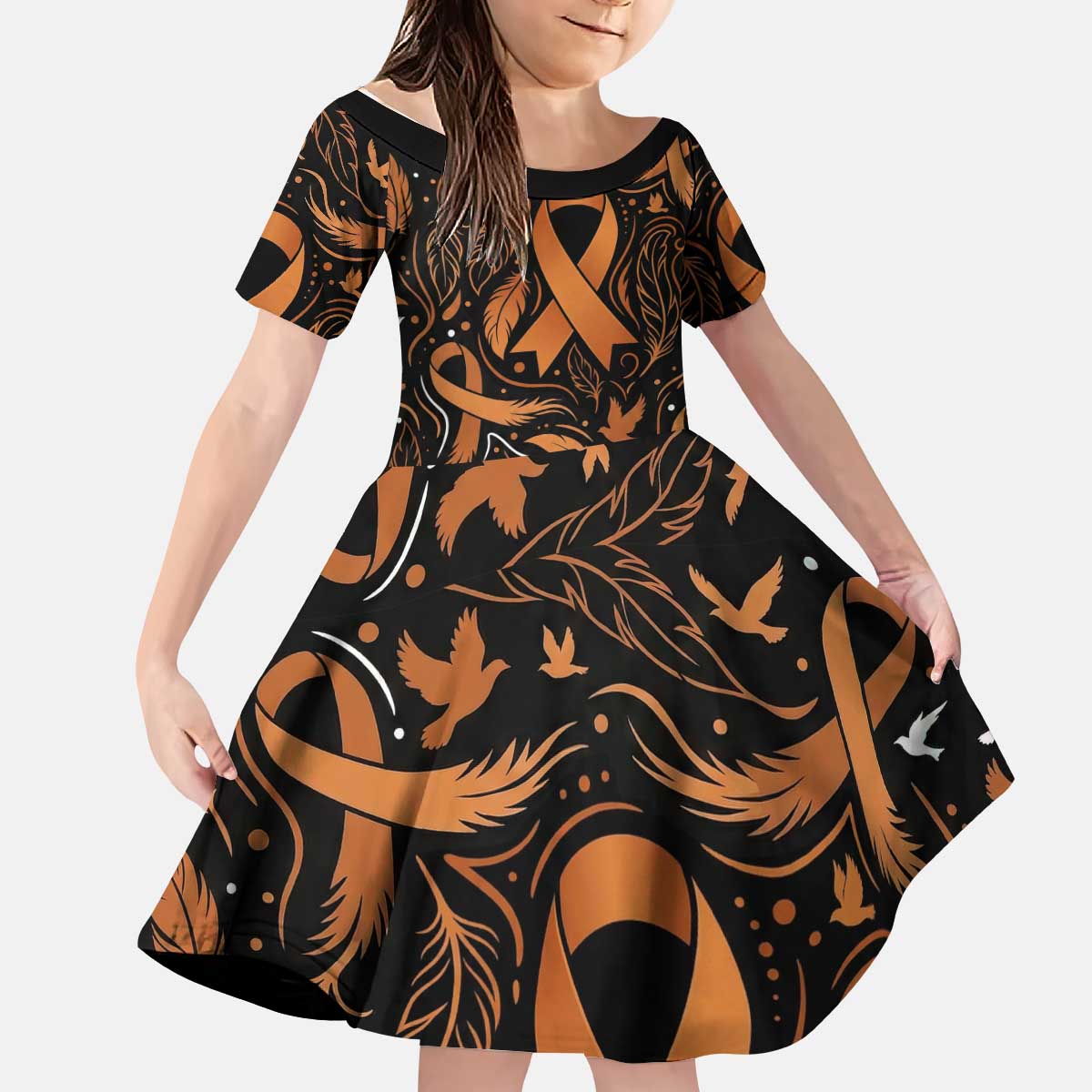 Personalized I Wear Orange Kidney Cancer Awareness Kid Short Sleeve Dress Feathered Ribbon Silhouette Illustration