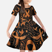 Personalized I Wear Orange Kidney Cancer Awareness Kid Short Sleeve Dress Feathered Ribbon Silhouette Illustration