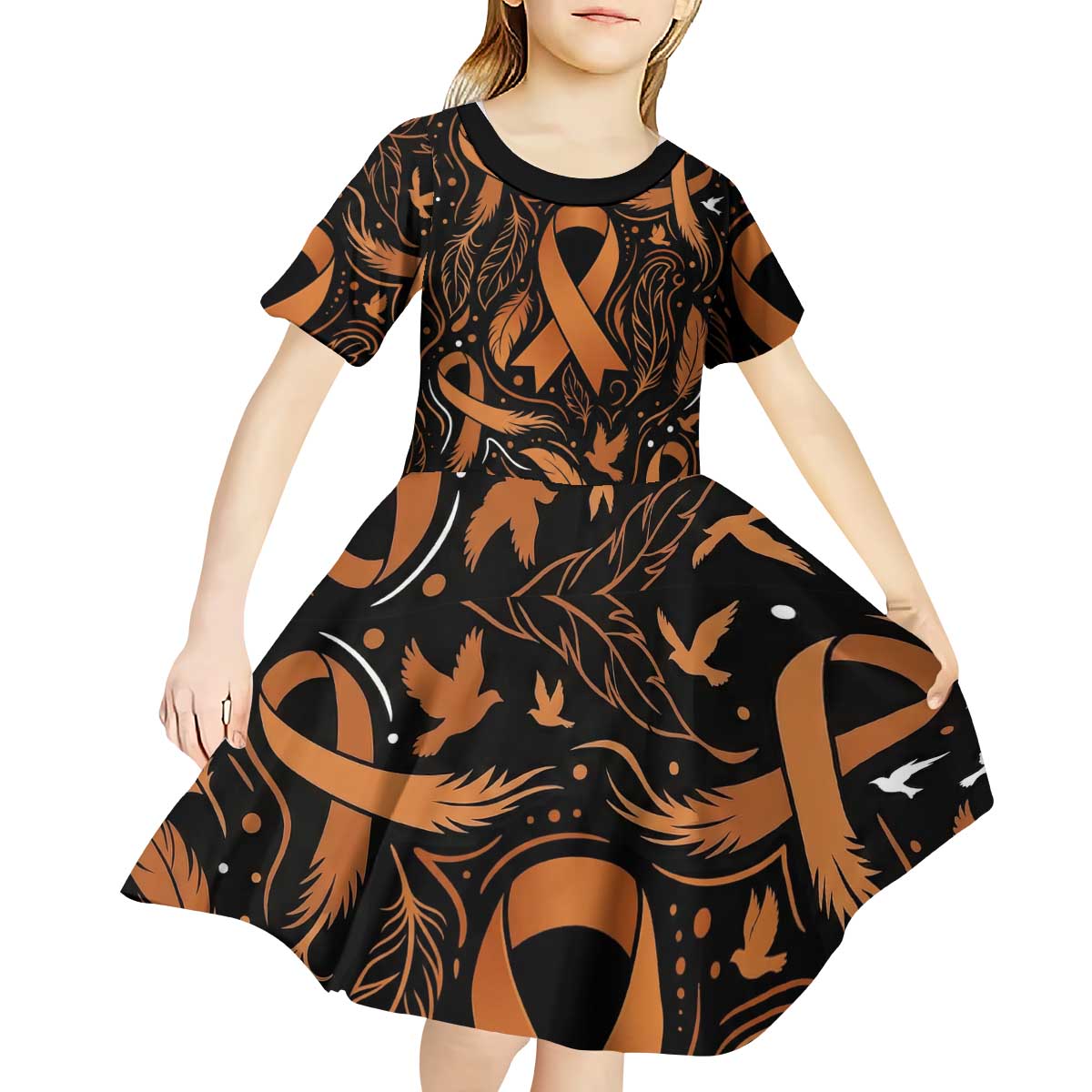 Personalized I Wear Orange Kidney Cancer Awareness Kid Short Sleeve Dress Feathered Ribbon Silhouette Illustration