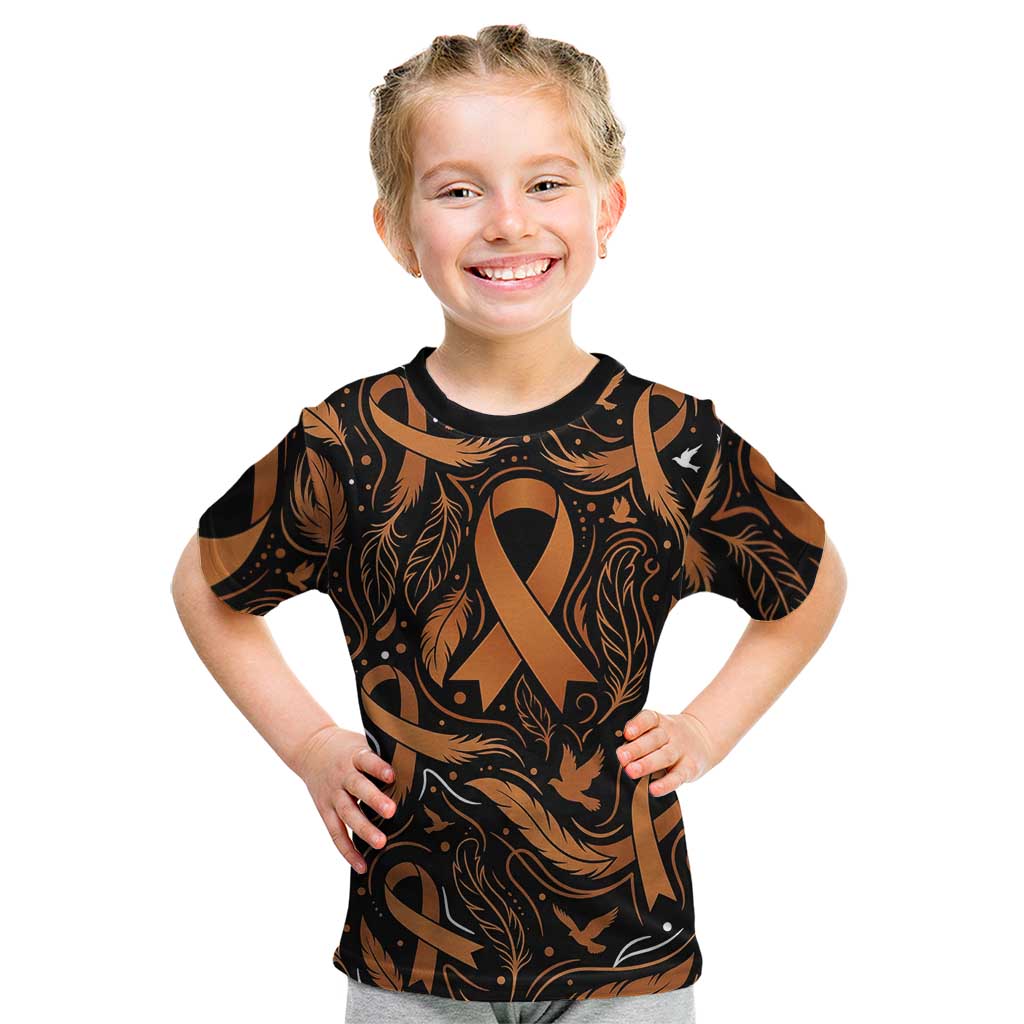 Personalized I Wear Orange Kidney Cancer Awareness Kid T Shirt Feathered Ribbon Silhouette Illustration