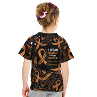 Personalized I Wear Orange Kidney Cancer Awareness Kid T Shirt Feathered Ribbon Silhouette Illustration