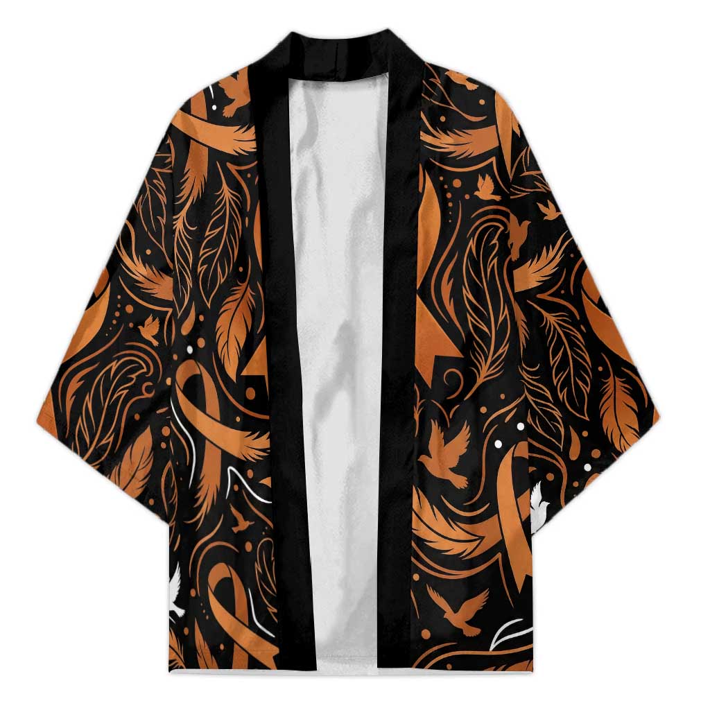 Personalized I Wear Orange Kidney Cancer Awareness Kimono Feathered Ribbon Silhouette Illustration
