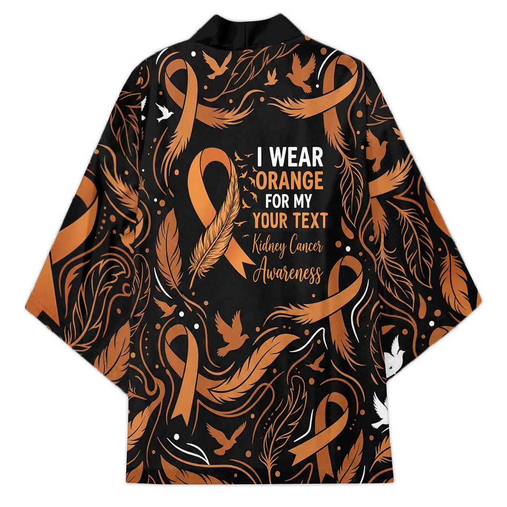 Personalized I Wear Orange Kidney Cancer Awareness Kimono Feathered Ribbon Silhouette Illustration