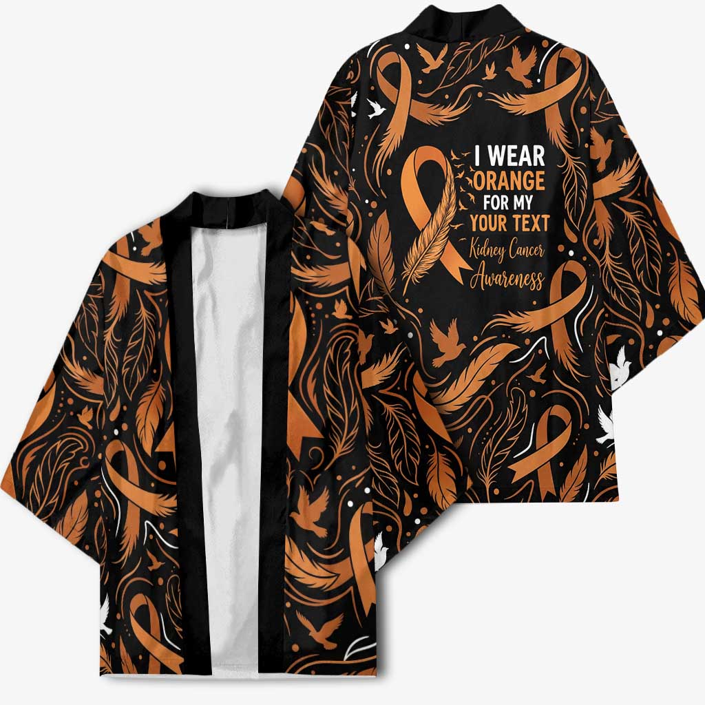 Personalized I Wear Orange Kidney Cancer Awareness Kimono Feathered Ribbon Silhouette Illustration