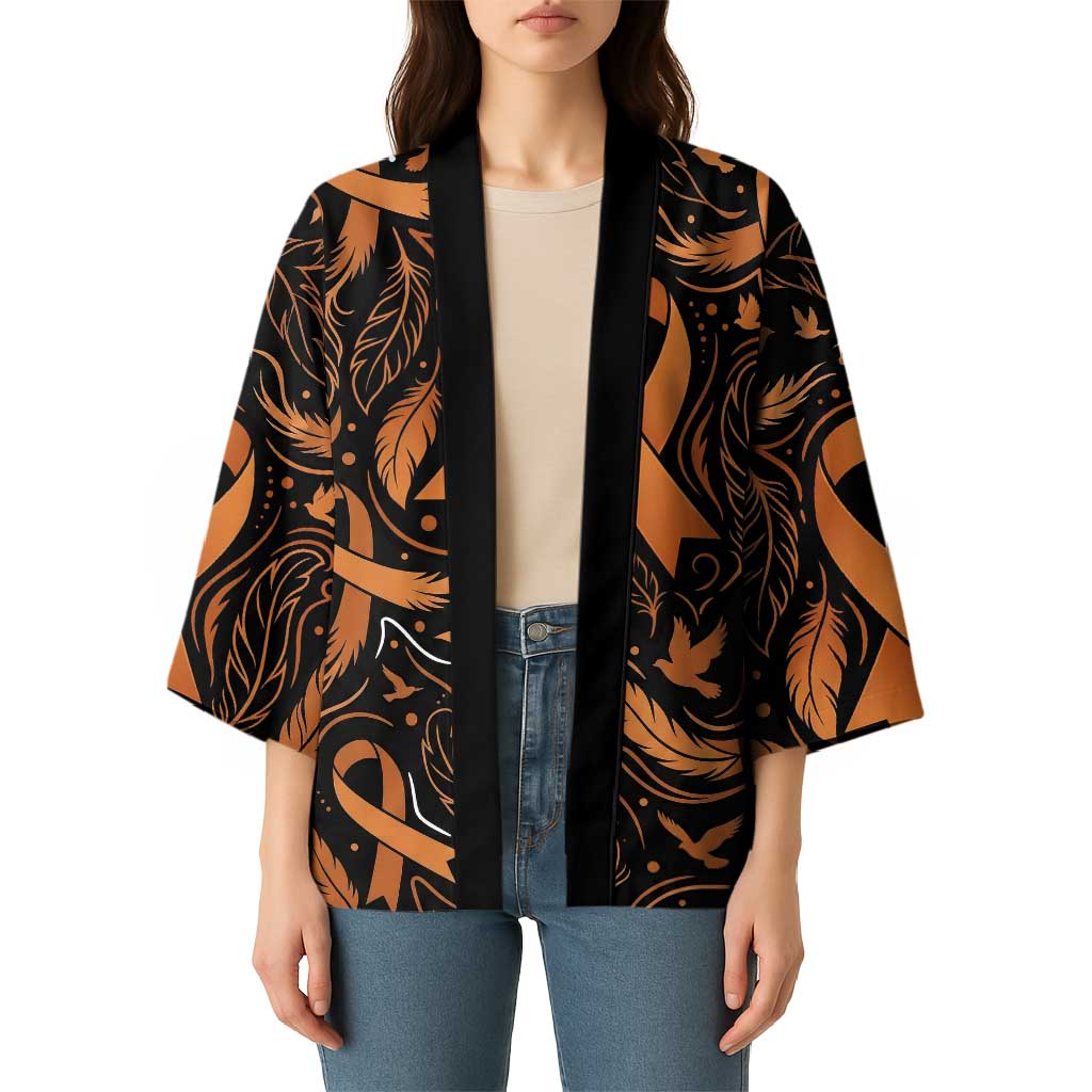 Personalized I Wear Orange Kidney Cancer Awareness Kimono Feathered Ribbon Silhouette Illustration