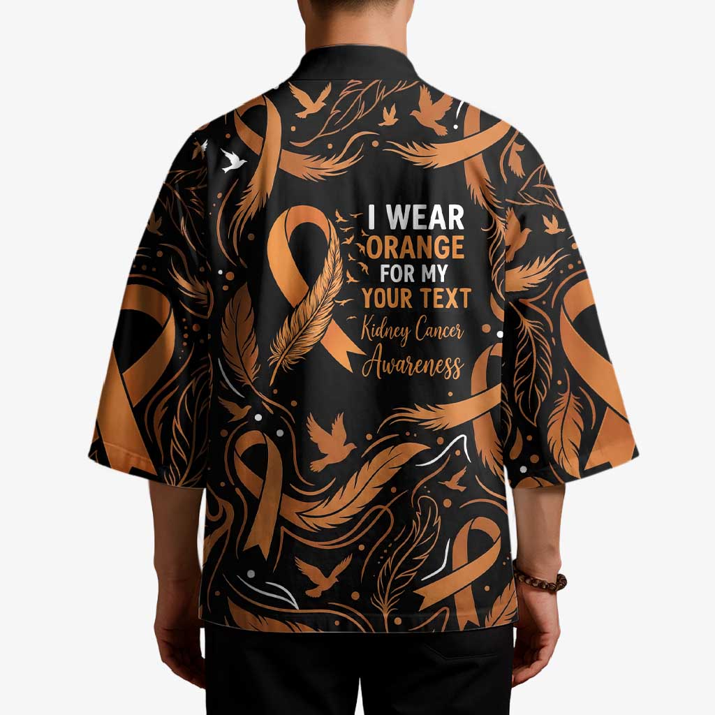 Personalized I Wear Orange Kidney Cancer Awareness Kimono Feathered Ribbon Silhouette Illustration