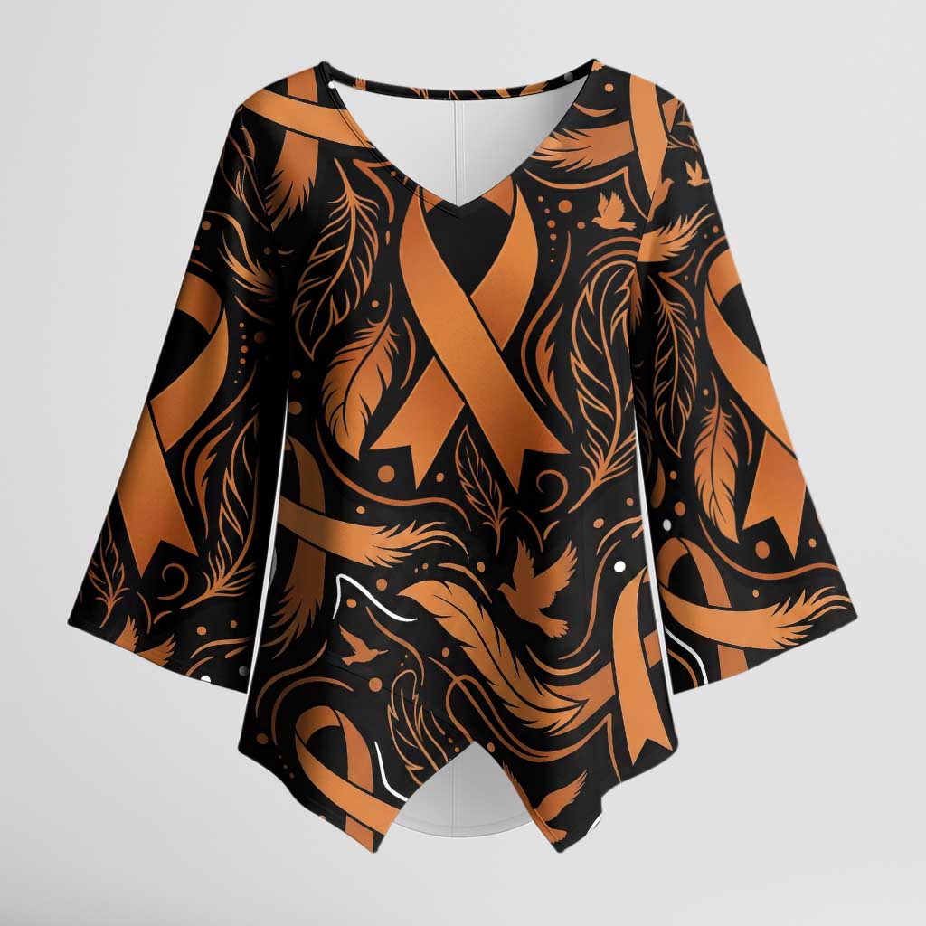Personalized I Wear Orange Kidney Cancer Awareness Kimono Sleeve Blouse Feathered Ribbon Silhouette Illustration