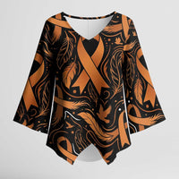 Personalized I Wear Orange Kidney Cancer Awareness Kimono Sleeve Blouse Feathered Ribbon Silhouette Illustration