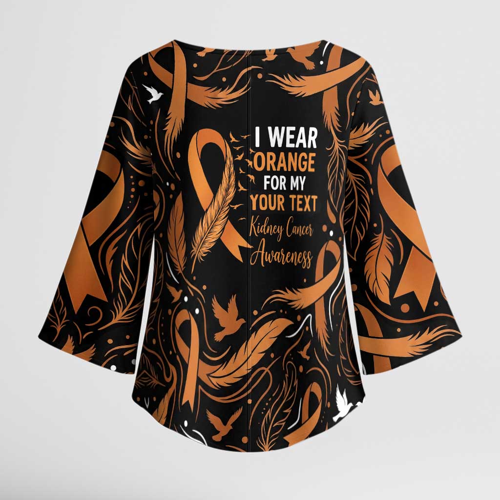 Personalized I Wear Orange Kidney Cancer Awareness Kimono Sleeve Blouse Feathered Ribbon Silhouette Illustration