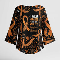 Personalized I Wear Orange Kidney Cancer Awareness Kimono Sleeve Blouse Feathered Ribbon Silhouette Illustration