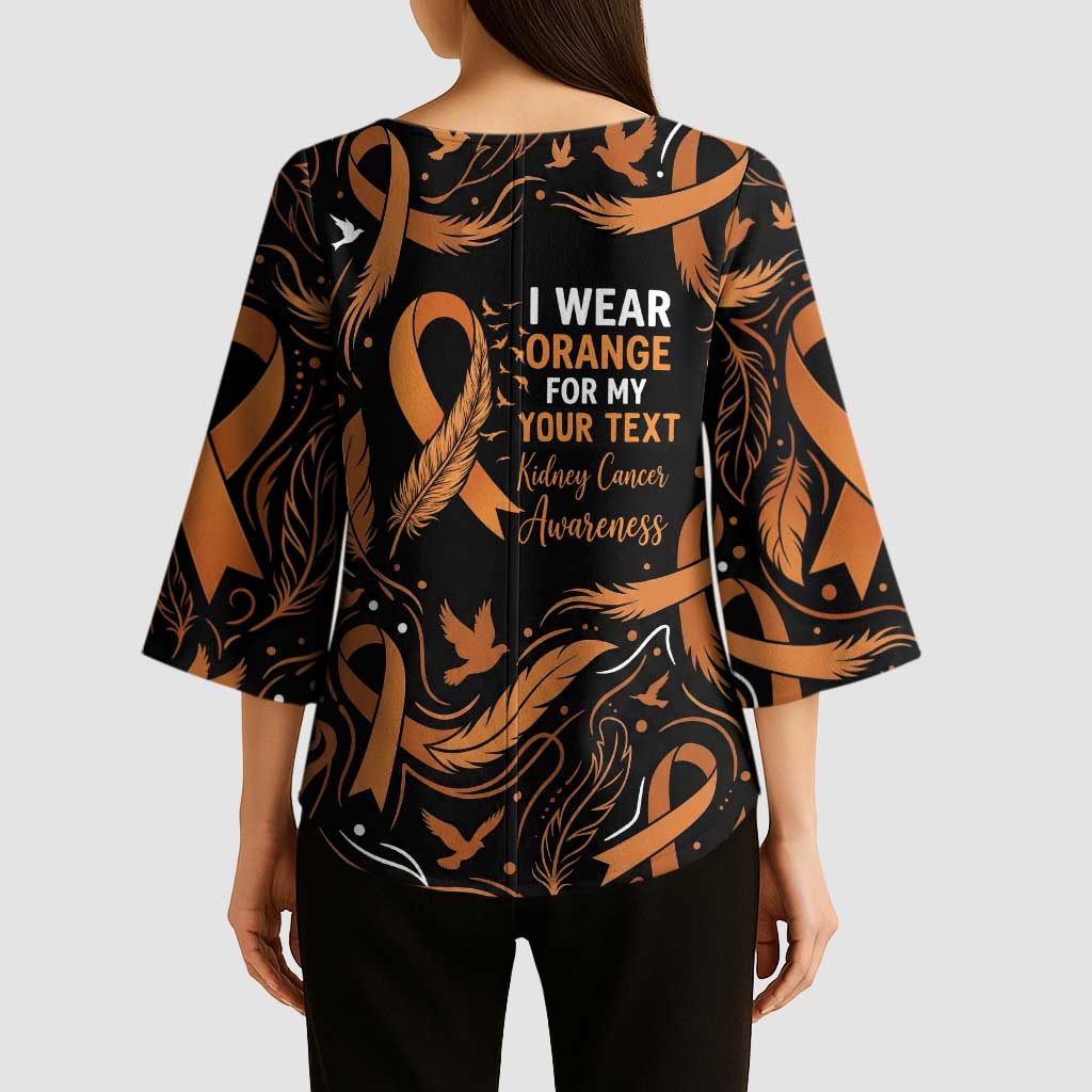 Personalized I Wear Orange Kidney Cancer Awareness Kimono Sleeve Blouse Feathered Ribbon Silhouette Illustration