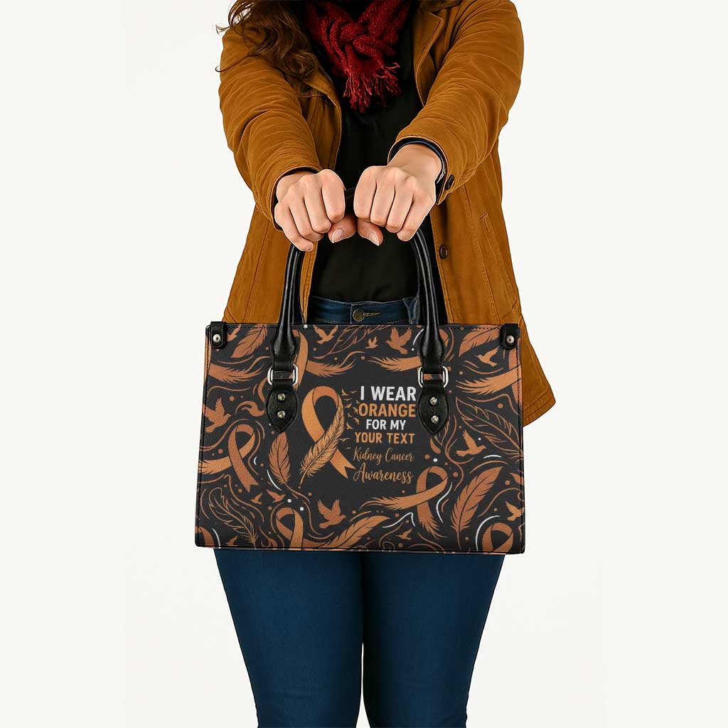 Personalized I Wear Orange Kidney Cancer Awareness Leather Bag Feathered Ribbon Silhouette Illustration