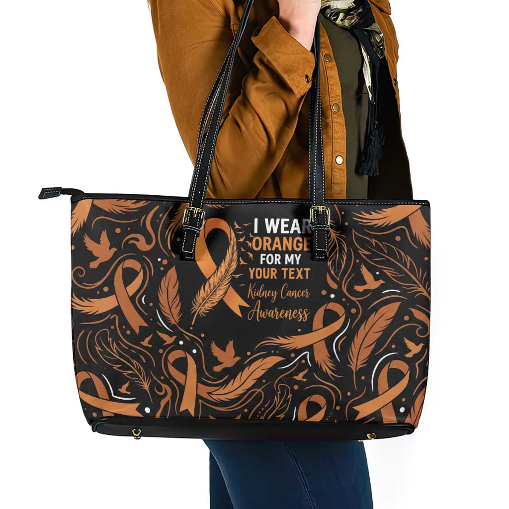Personalized I Wear Orange Kidney Cancer Awareness Leather Tote Bag Feathered Ribbon Silhouette Illustration
