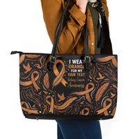 Personalized I Wear Orange Kidney Cancer Awareness Leather Tote Bag Feathered Ribbon Silhouette Illustration