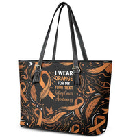 Personalized I Wear Orange Kidney Cancer Awareness Leather Tote Bag Feathered Ribbon Silhouette Illustration