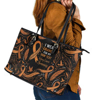 Personalized I Wear Orange Kidney Cancer Awareness Leather Tote Bag Feathered Ribbon Silhouette Illustration