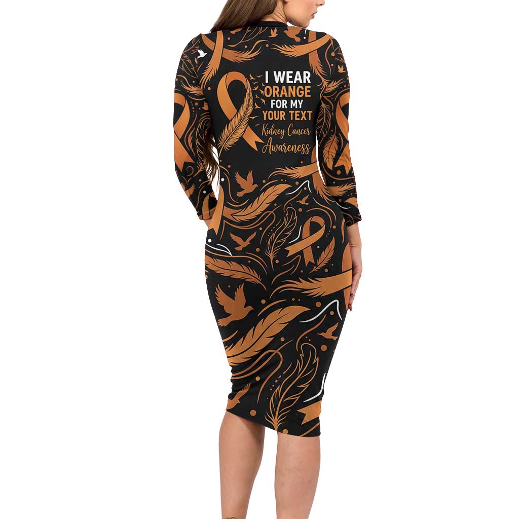 Personalized I Wear Orange Kidney Cancer Awareness Long Sleeve Bodycon Dress Feathered Ribbon Silhouette Illustration