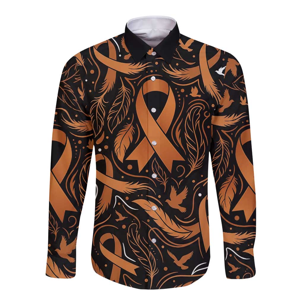 Personalized I Wear Orange Kidney Cancer Awareness Long Sleeve Button Shirt Feathered Ribbon Silhouette Illustration