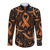 Personalized I Wear Orange Kidney Cancer Awareness Long Sleeve Button Shirt Feathered Ribbon Silhouette Illustration
