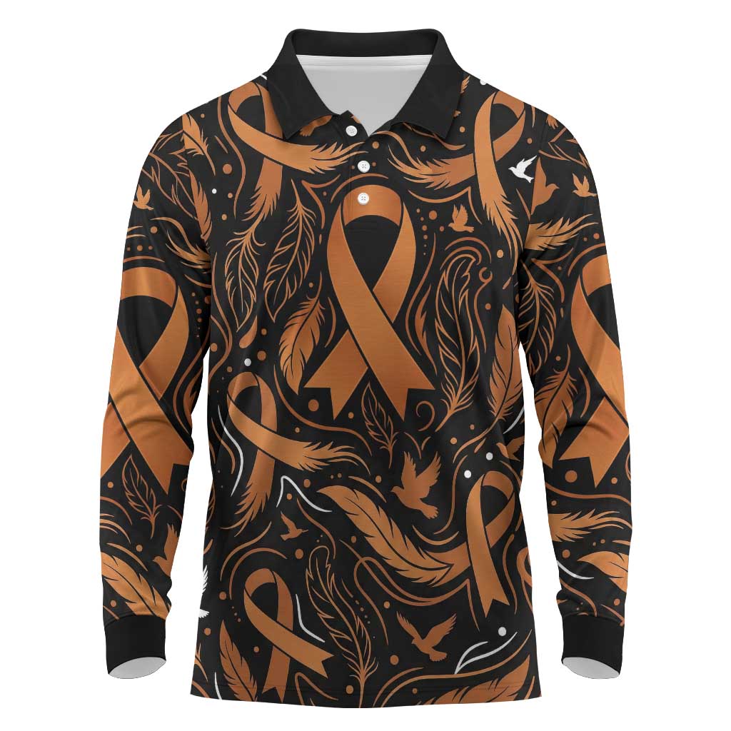 Personalized I Wear Orange Kidney Cancer Awareness Long Sleeve Polo Shirt Feathered Ribbon Silhouette Illustration