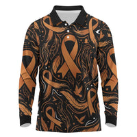 Personalized I Wear Orange Kidney Cancer Awareness Long Sleeve Polo Shirt Feathered Ribbon Silhouette Illustration