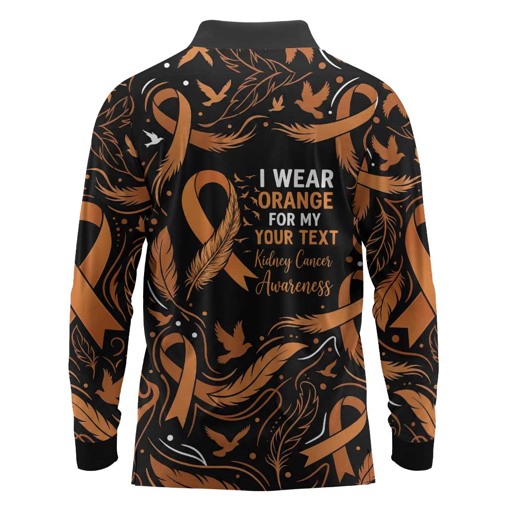 Personalized I Wear Orange Kidney Cancer Awareness Long Sleeve Polo Shirt Feathered Ribbon Silhouette Illustration