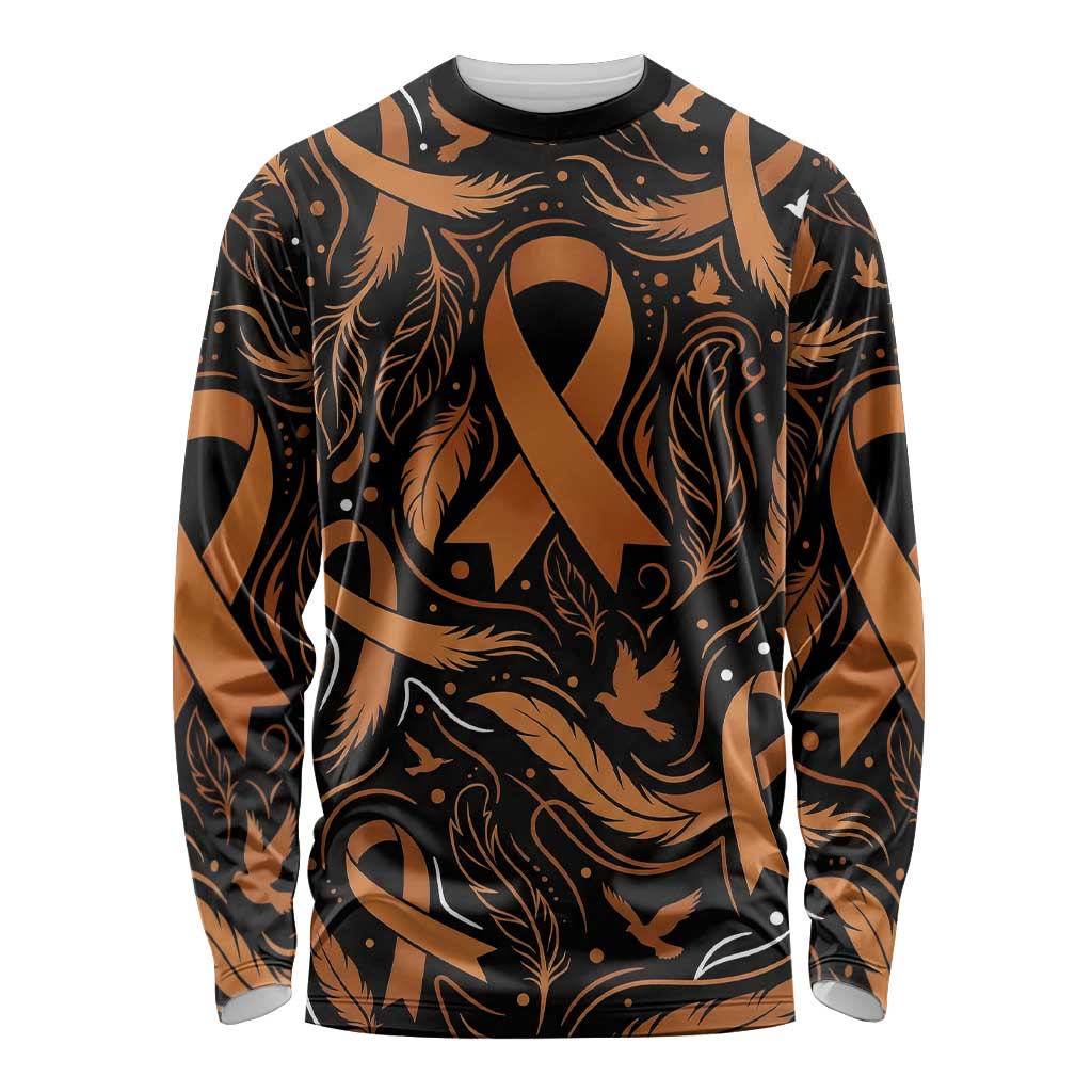 Personalized I Wear Orange Kidney Cancer Awareness Long Sleeve Shirt Feathered Ribbon Silhouette Illustration