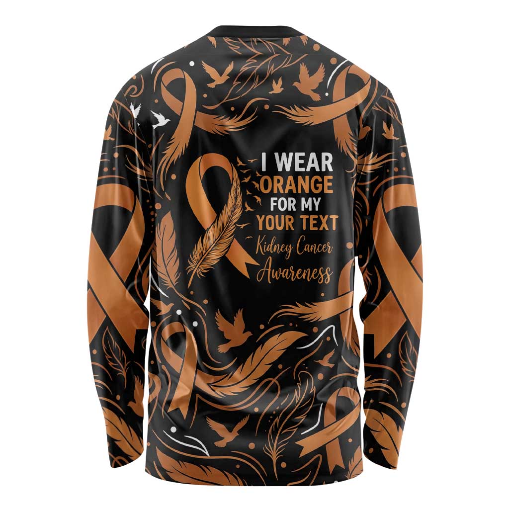 Personalized I Wear Orange Kidney Cancer Awareness Long Sleeve Shirt Feathered Ribbon Silhouette Illustration