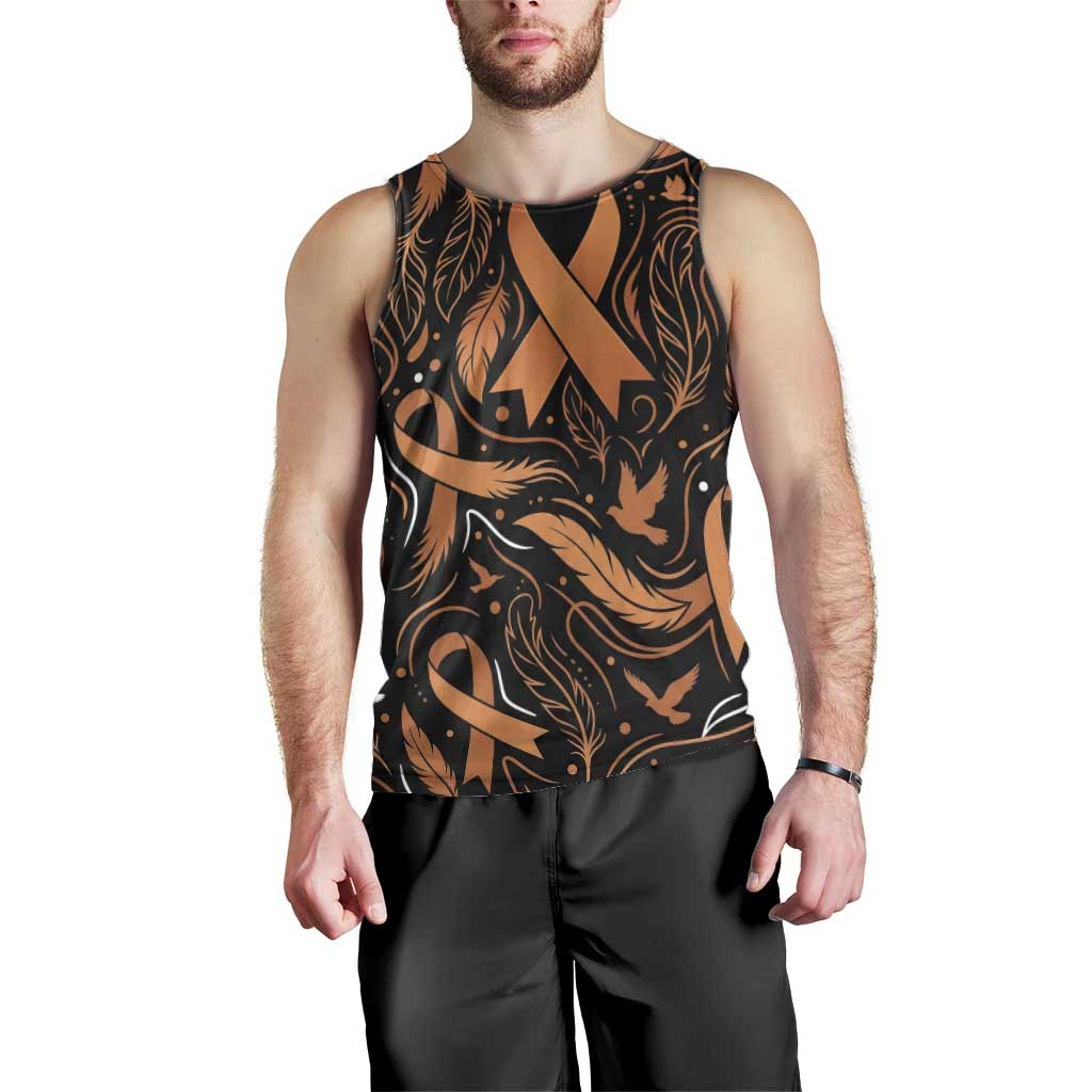 Personalized I Wear Orange Kidney Cancer Awareness Men Tank Top Feathered Ribbon Silhouette Illustration