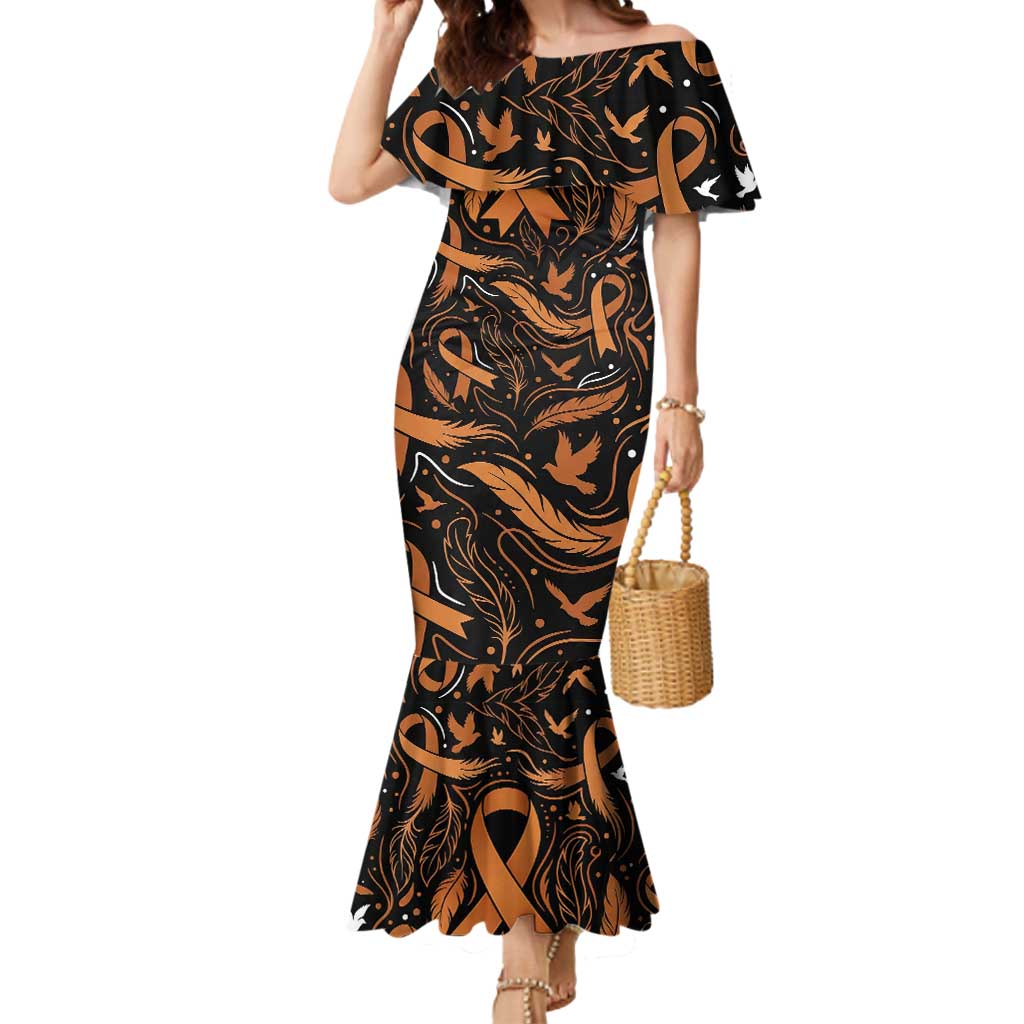 Personalized I Wear Orange Kidney Cancer Awareness Mermaid Dress Feathered Ribbon Silhouette Illustration