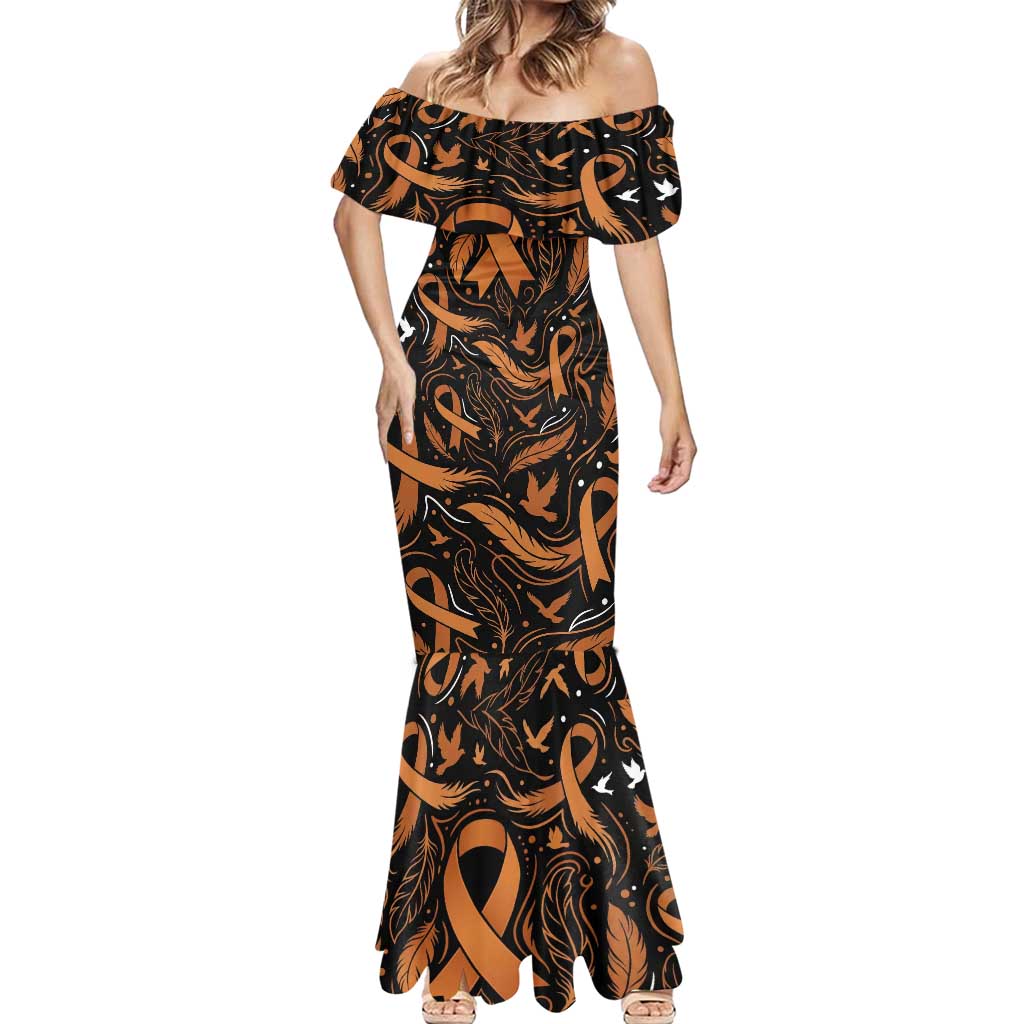 Personalized I Wear Orange Kidney Cancer Awareness Mermaid Dress Feathered Ribbon Silhouette Illustration