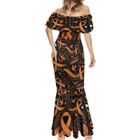 Personalized I Wear Orange Kidney Cancer Awareness Mermaid Dress Feathered Ribbon Silhouette Illustration