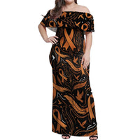 Personalized I Wear Orange Kidney Cancer Awareness Off Shoulder Maxi Dress Feathered Ribbon Silhouette Illustration
