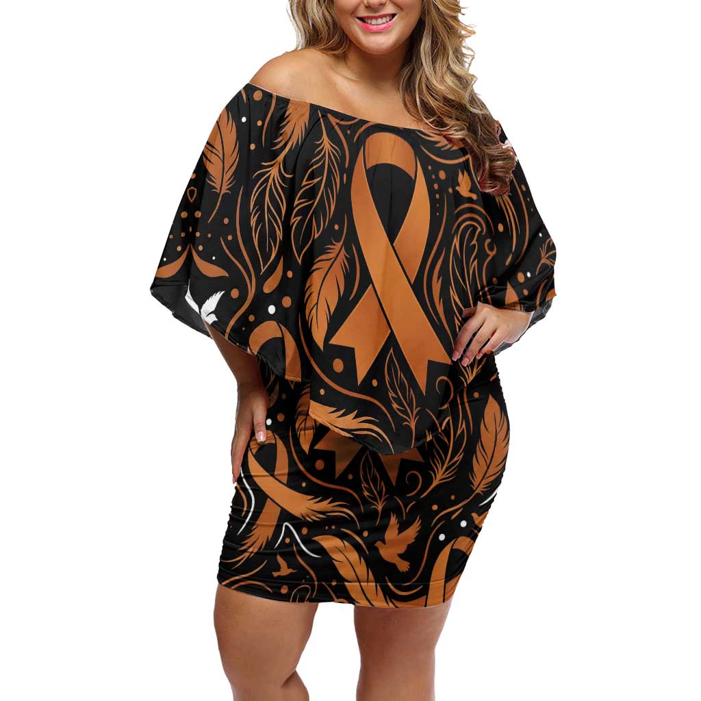 Personalized I Wear Orange Kidney Cancer Awareness Off Shoulder Short Dress Feathered Ribbon Silhouette Illustration